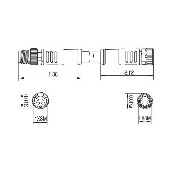 M8 4Pin、母头直型转公头直型、双端预铸PVC非柔性电缆、灰色护套、63D123-XXX