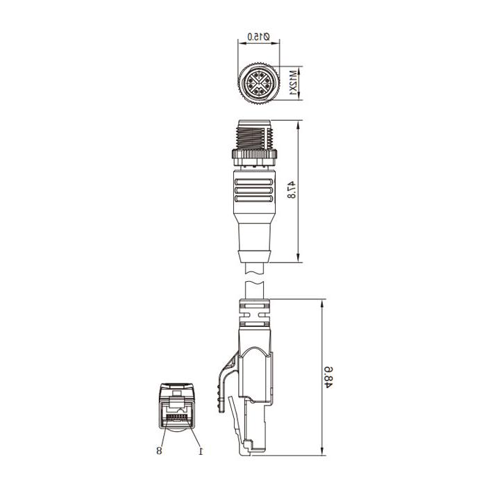 M12 8Pin straight male（ X-coded）/RJ45 male、Dual end pre cast TPE flexible cable、With shielding、Green sheath、Ethernet Cat.6a 10Gbps、0CF461-XXX