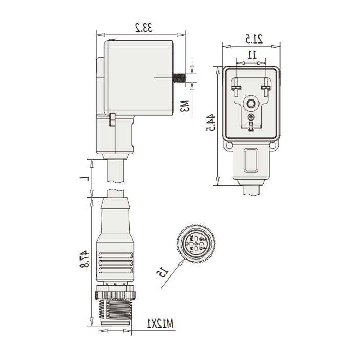 阀门插头类型B，工业，11 mm，3Pin/M12公头直型、双端预铸PVC非柔性电缆、灰色护套、6VB123-XXX